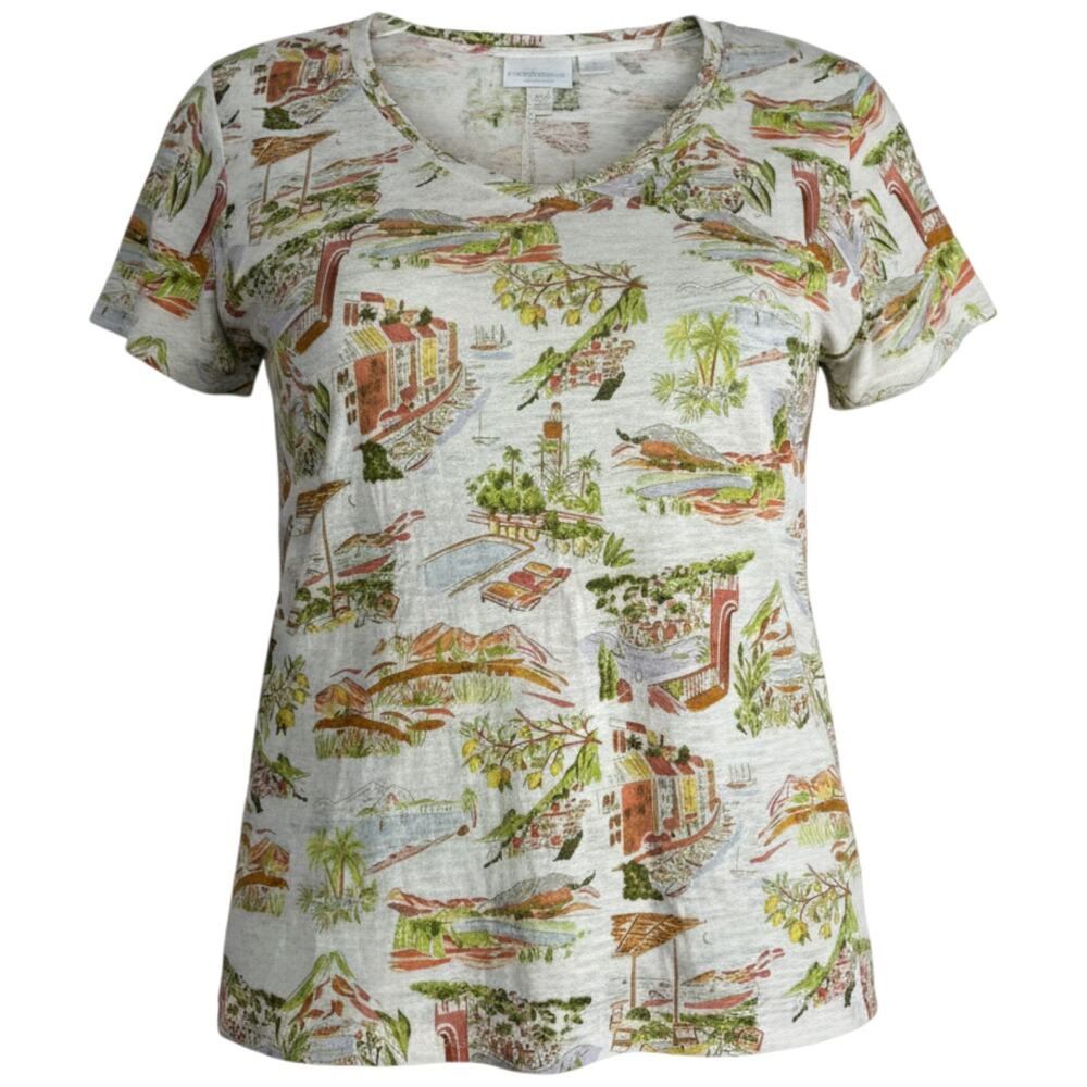 Cynthia Rowley 100% Linen Top 3X Plus Greek Island Scenic Print Slub Knit Shirt